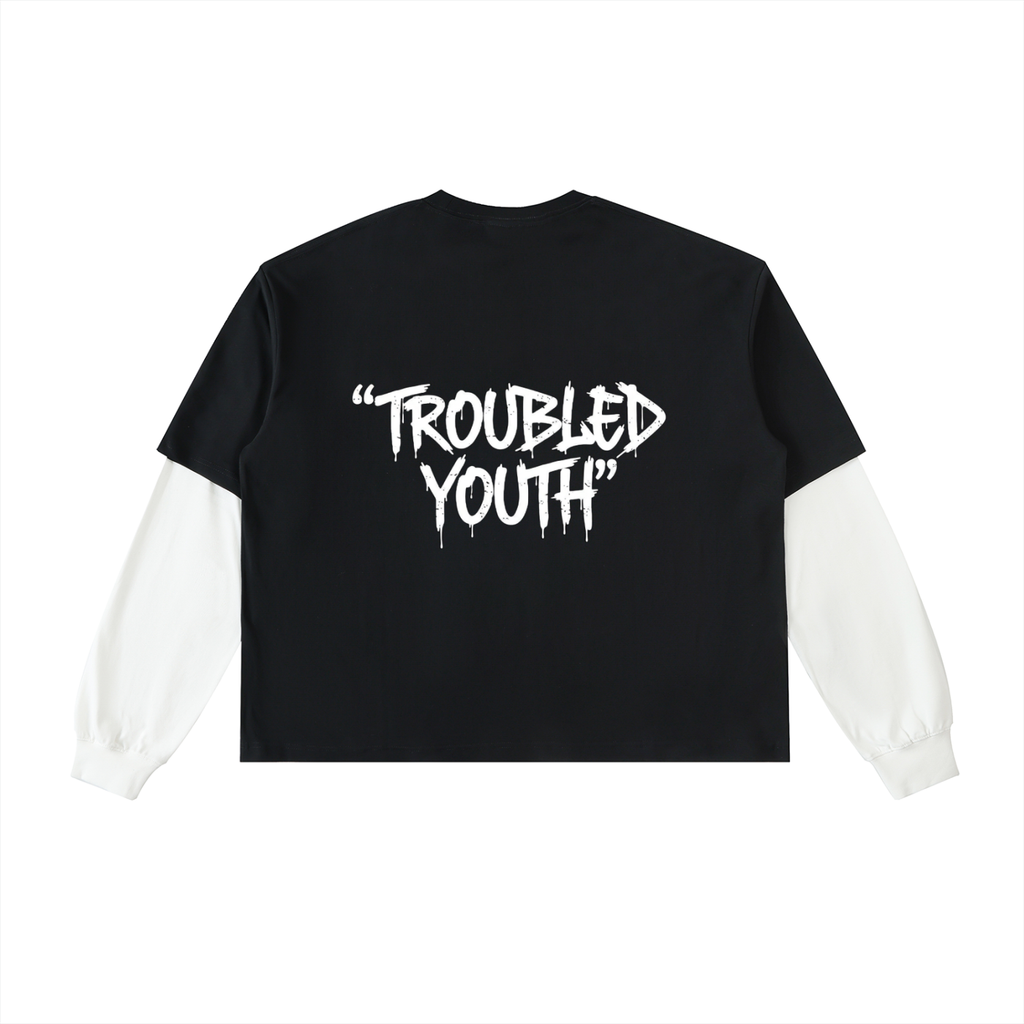 Troubled Youth Layered Contrast Sleeve Cotton T-Shirt